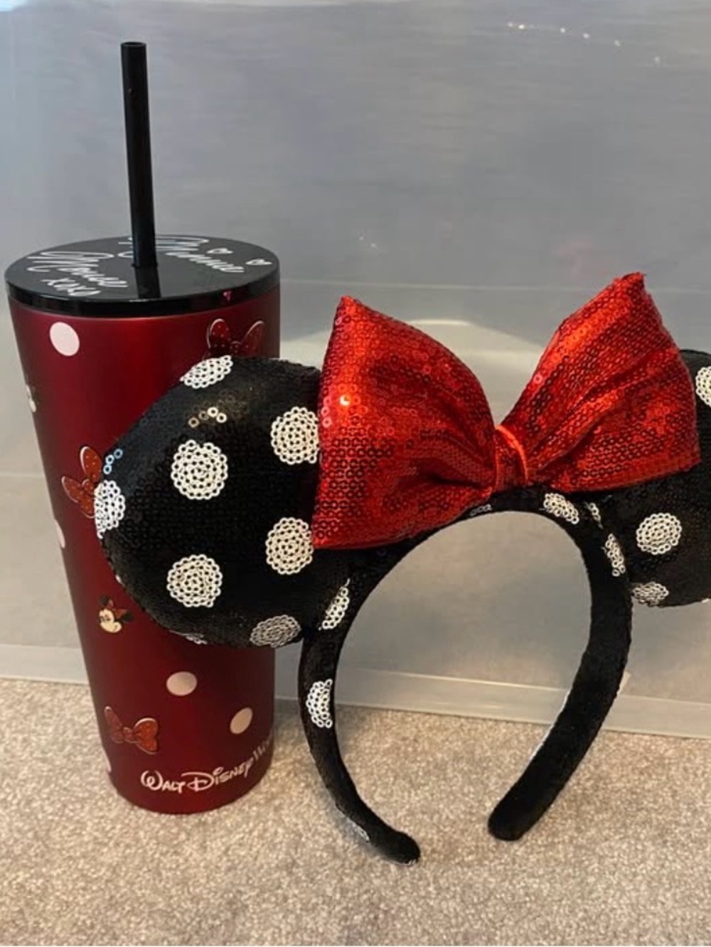 Disney Black Sequin Polka Dot Minnie Ears Headband with Red Bow & Starbucks cup